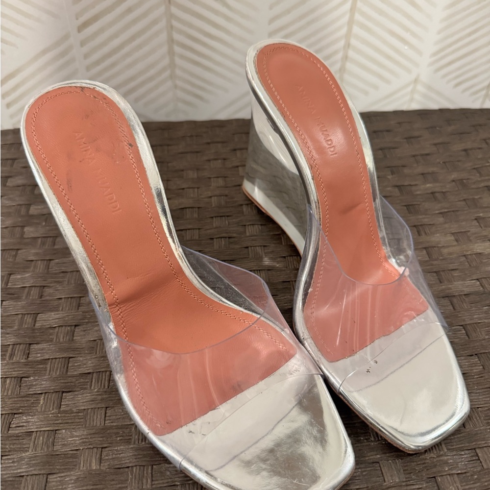 Amina Muaddi Silver Wedge Shoes with Modern Design